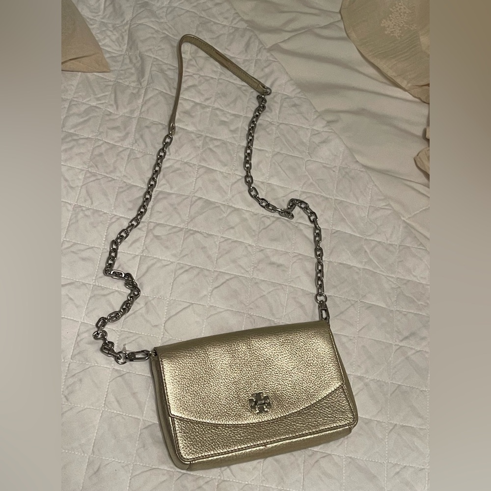Tory Burch Metallic Gold Leather Crossbody With Chain Strap